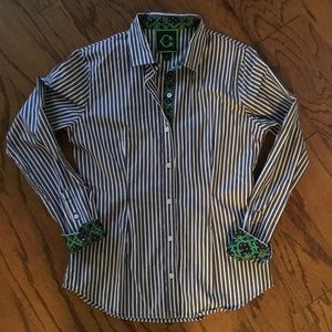 C. wonder navy and white blouse